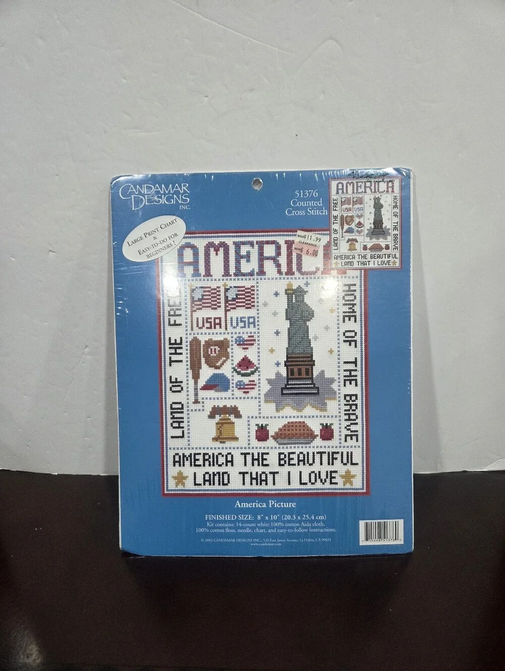 2002 Candamar designs America Picture Cross Stitch Wall Decor - Blue/Red